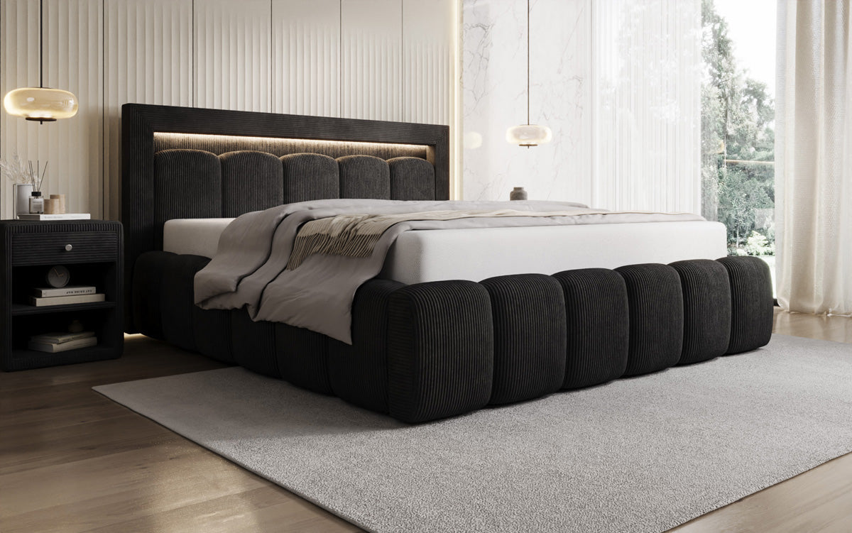 Designer gestoffeerd bed Lume in Ribstof met opbergruimte en RGB-verlichting