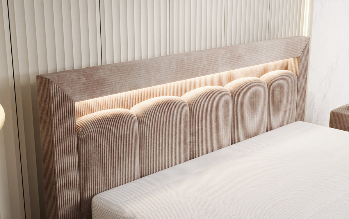 Designer gestoffeerd bed Lume in Ribstof met opbergruimte en RGB-verlichting
