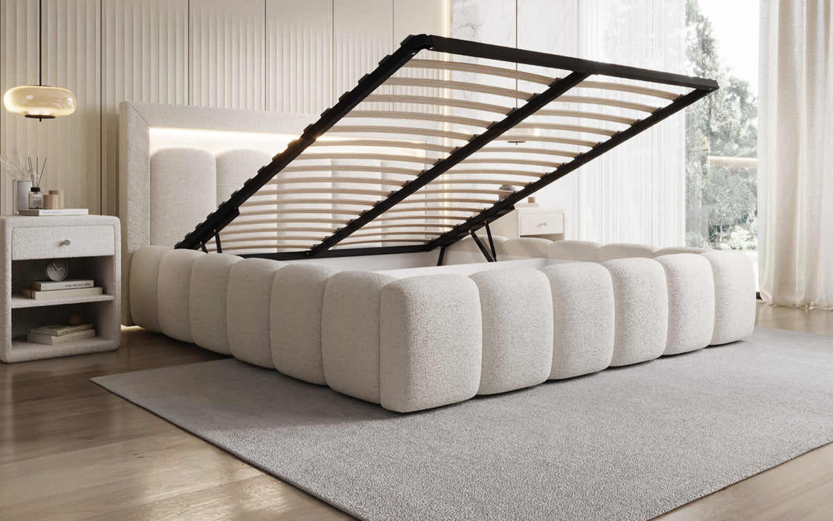 Designer gestoffeerd bed Lume in Teddystof Bouclé met opbergruimte en RGB-verlichting