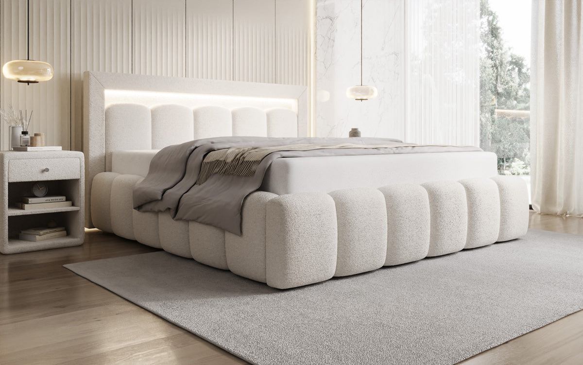Designer gestoffeerd bed Lume in Teddystof Bouclé met opbergruimte en RGB-verlichting
