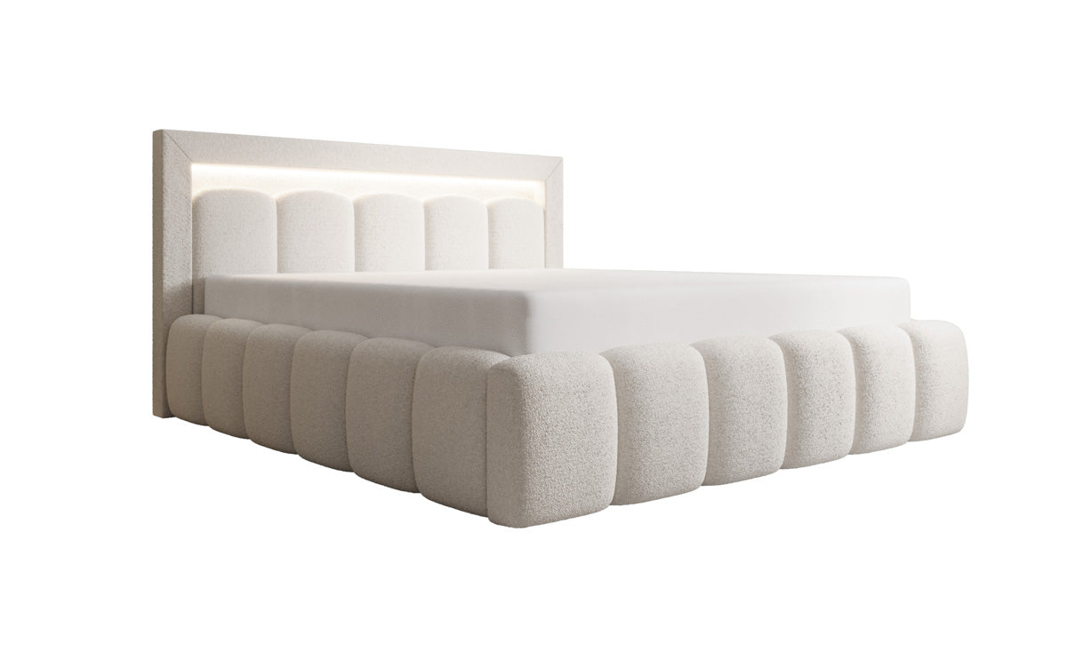 Designer gestoffeerd bed Lume in Teddystof Bouclé met opbergruimte en RGB-verlichting