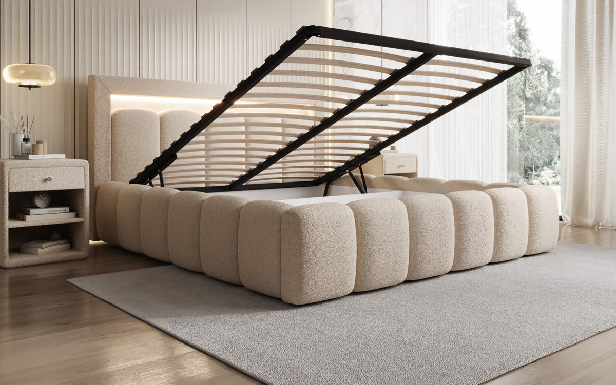Designer gestoffeerd bed Lume in Teddystof Bouclé met opbergruimte en RGB-verlichting