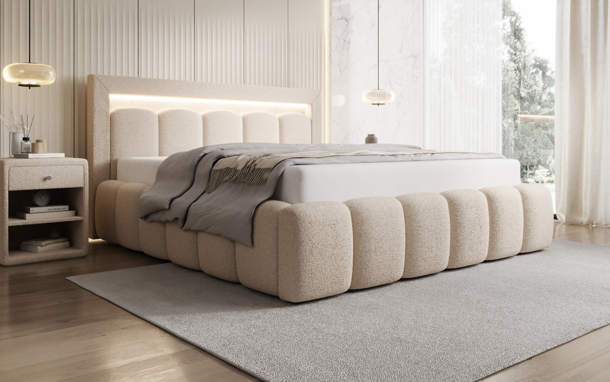 Designer gestoffeerd bed Lume in Teddystof Bouclé met opbergruimte en RGB-verlichting
