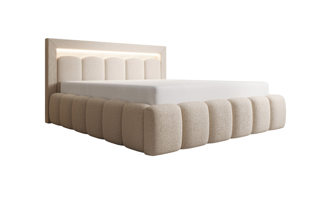 Designer gestoffeerd bed Lume in Teddystof Bouclé met opbergruimte en RGB-verlichting