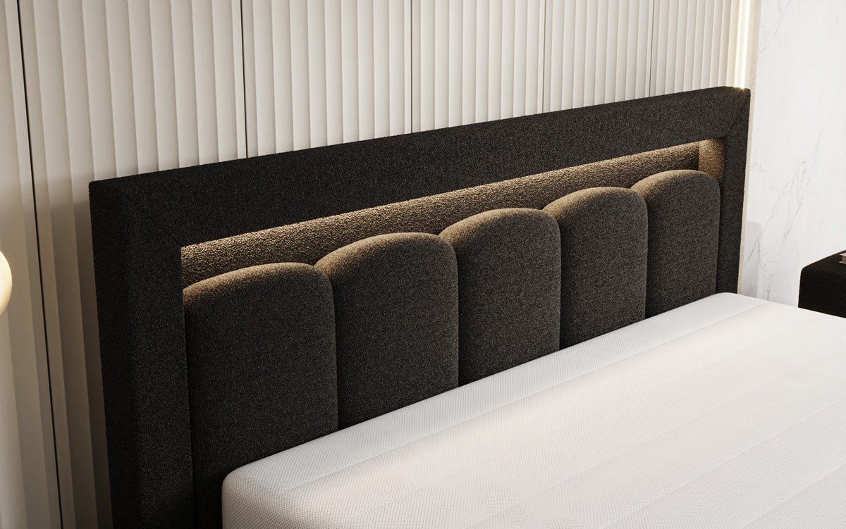 Designer gestoffeerd bed Lume in Teddystof Bouclé met opbergruimte en RGB-verlichting
