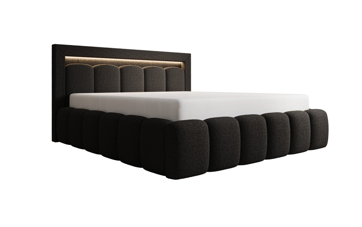 Designer gestoffeerd bed Lume in Teddystof Bouclé met opbergruimte en RGB-verlichting