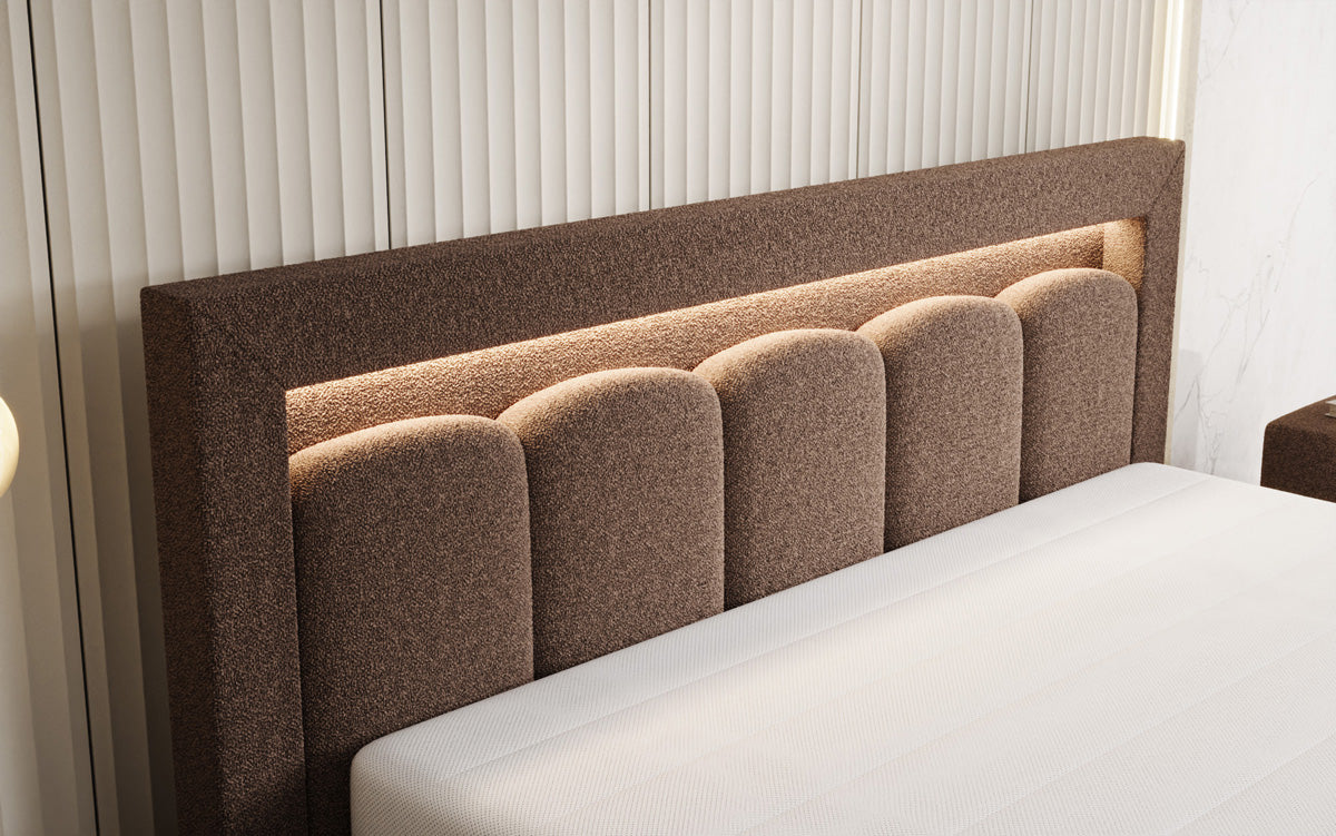 Designer gestoffeerd bed Lume in Teddystof Bouclé met opbergruimte en RGB-verlichting