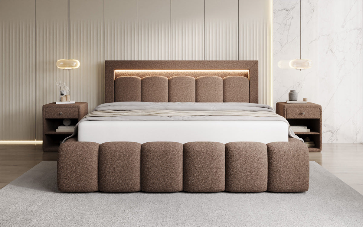 Designer gestoffeerd bed Lume in Teddystof Bouclé met opbergruimte en RGB-verlichting
