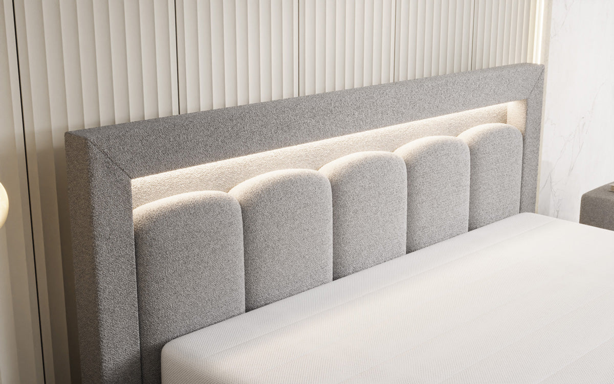 Designer gestoffeerd bed Lume in Teddystof Bouclé met opbergruimte en RGB-verlichting