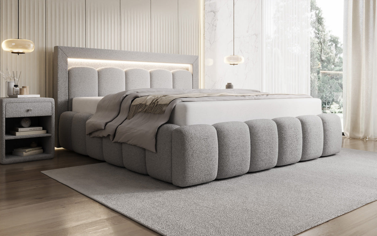 Designer gestoffeerd bed Lume in Teddystof Bouclé met opbergruimte en RGB-verlichting