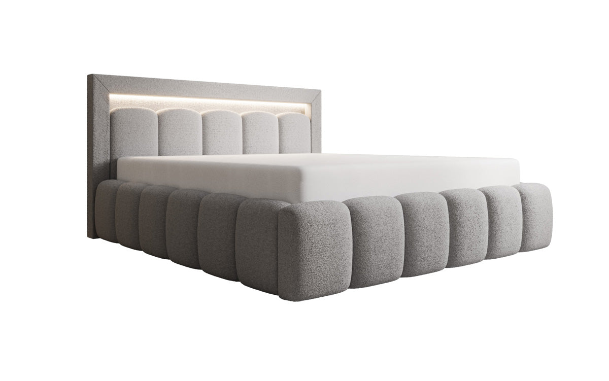 Designer gestoffeerd bed Lume in Teddystof Bouclé met opbergruimte en RGB-verlichting