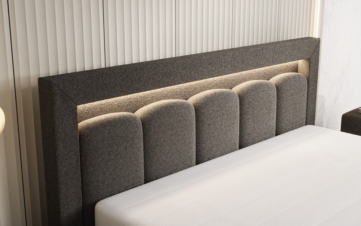 Designer gestoffeerd bed Lume in Teddystof Bouclé met opbergruimte en RGB-verlichting