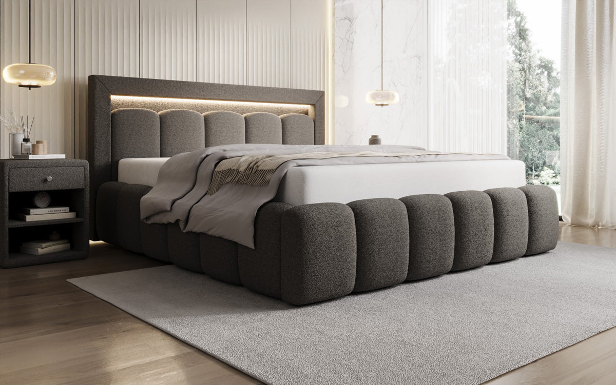 Designer gestoffeerd bed Lume in Teddystof Bouclé met opbergruimte en RGB-verlichting
