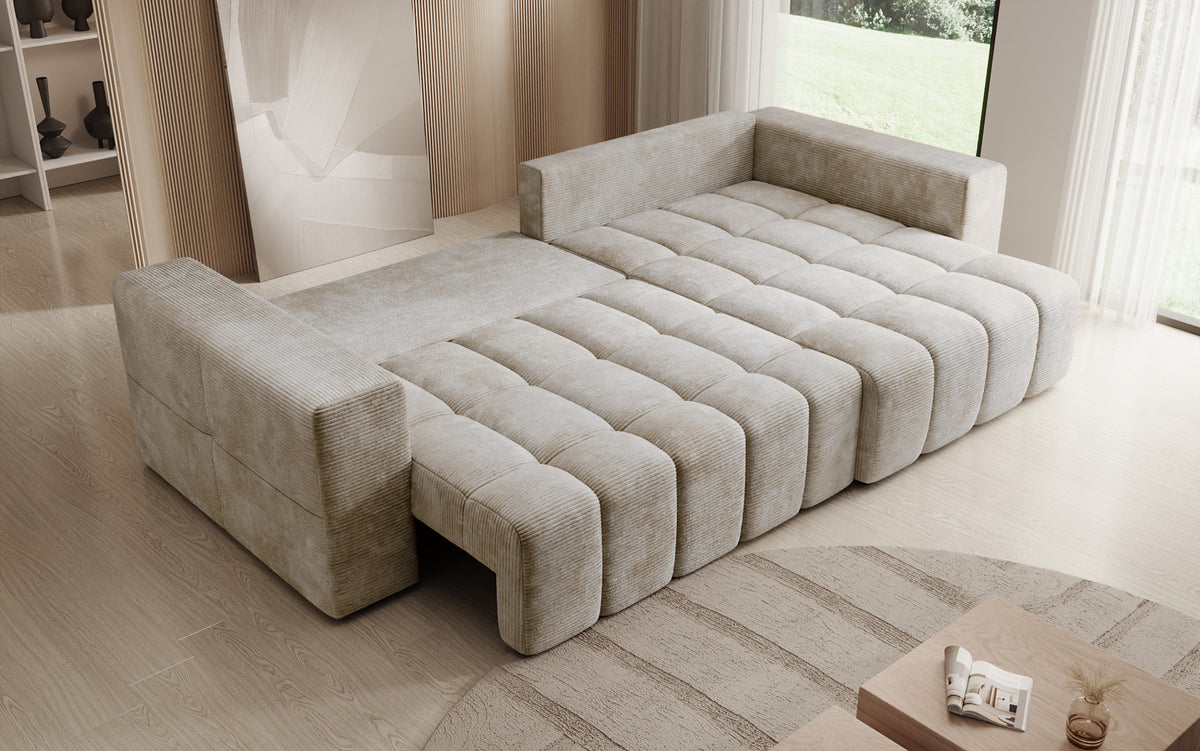 Designer Ecksofa Momo mit Schlaf- und Klappfunktion in Cord
