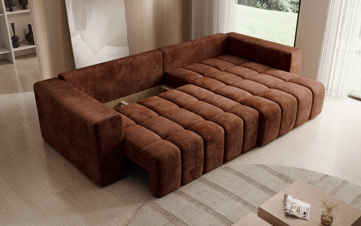 Designer Ecksofa Momo mit Schlaf- und Klappfunktion in Cord