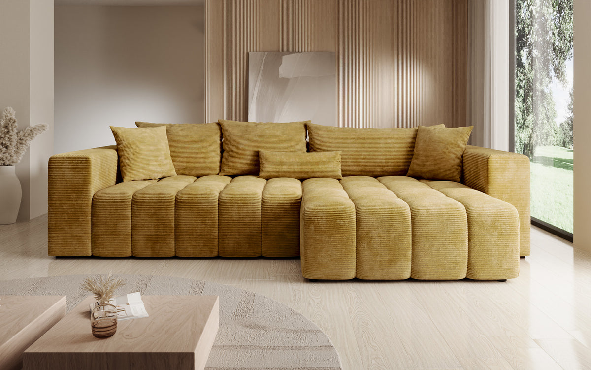 Designer Ecksofa Momo mit Schlaf- und Klappfunktion in Cord