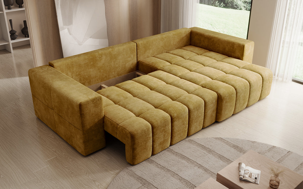 Designer Ecksofa Momo mit Schlaf- und Klappfunktion in Cord