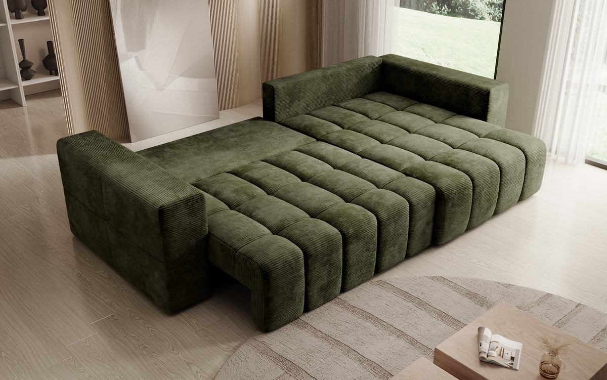 Designer Ecksofa Momo mit Schlaf- und Klappfunktion in Cord