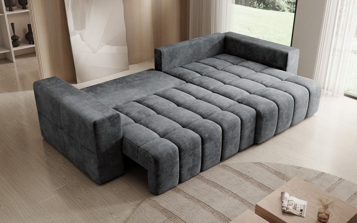 Designer Ecksofa Momo mit Schlaf- und Klappfunktion in Cord
