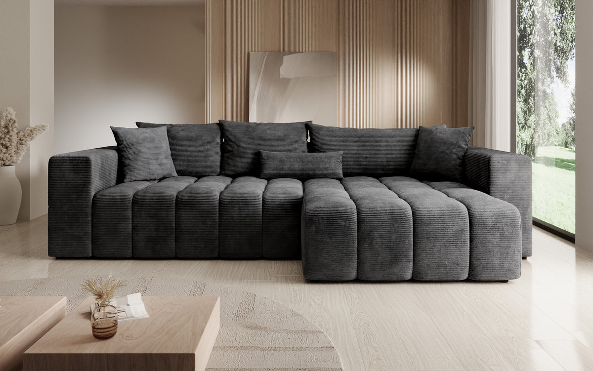 Designer Ecksofa Momo mit Schlaf- und Klappfunktion in Cord