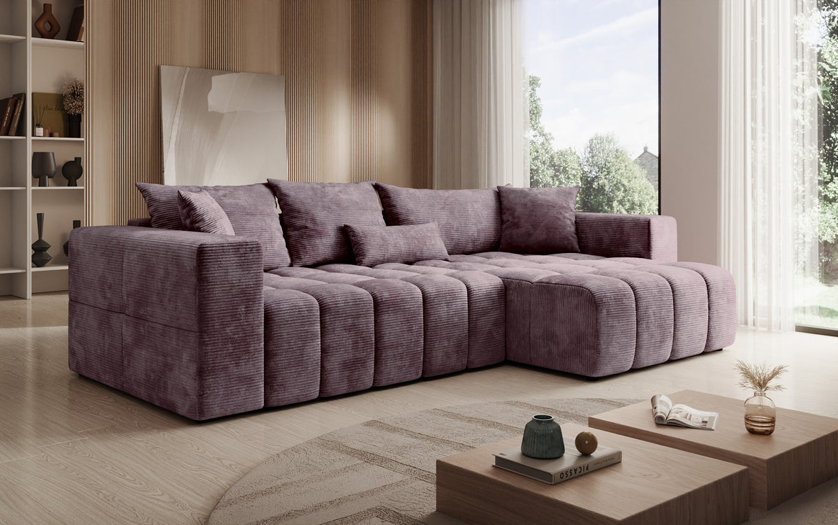 Designer Ecksofa Momo mit Schlaf- und Klappfunktion in Cord