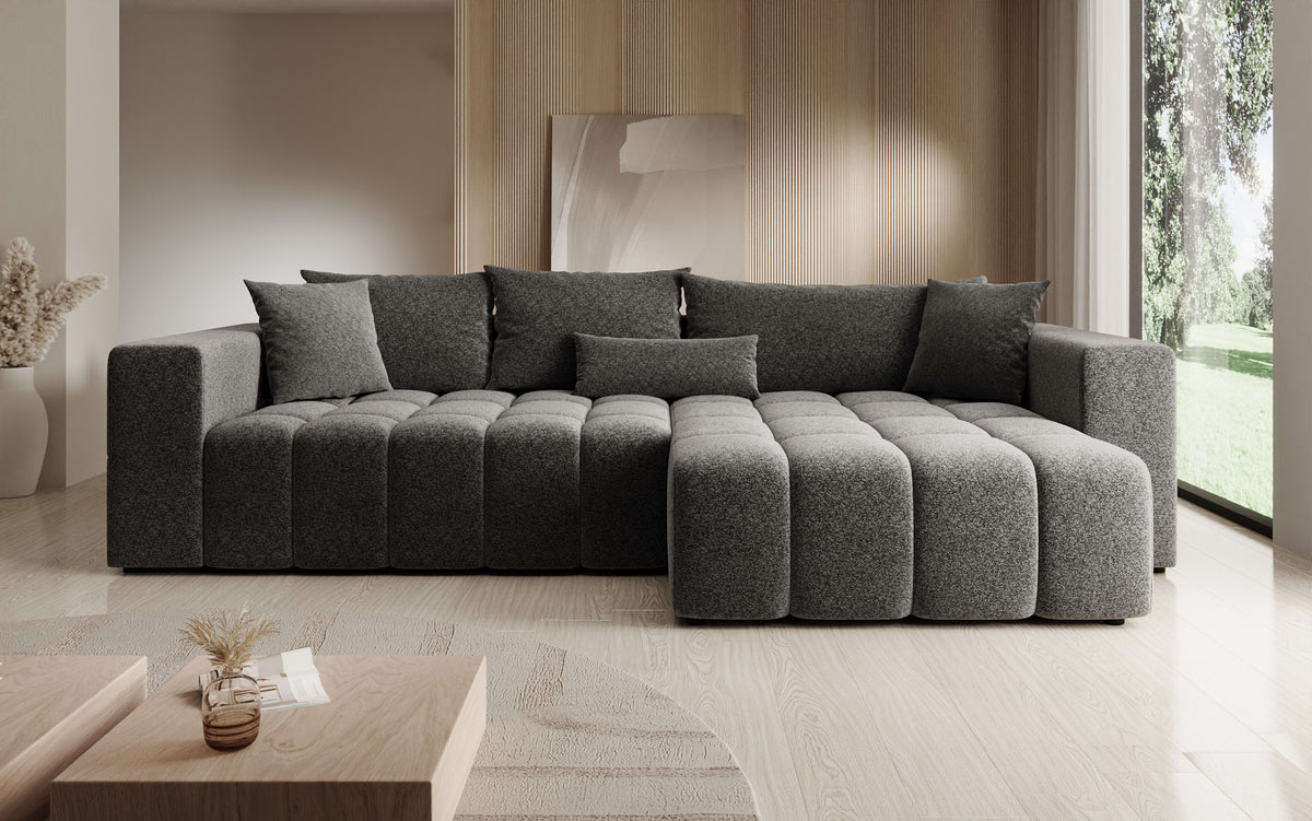 Designer hoekbank Momo met slaap- en klapfunctie in structuurstof
