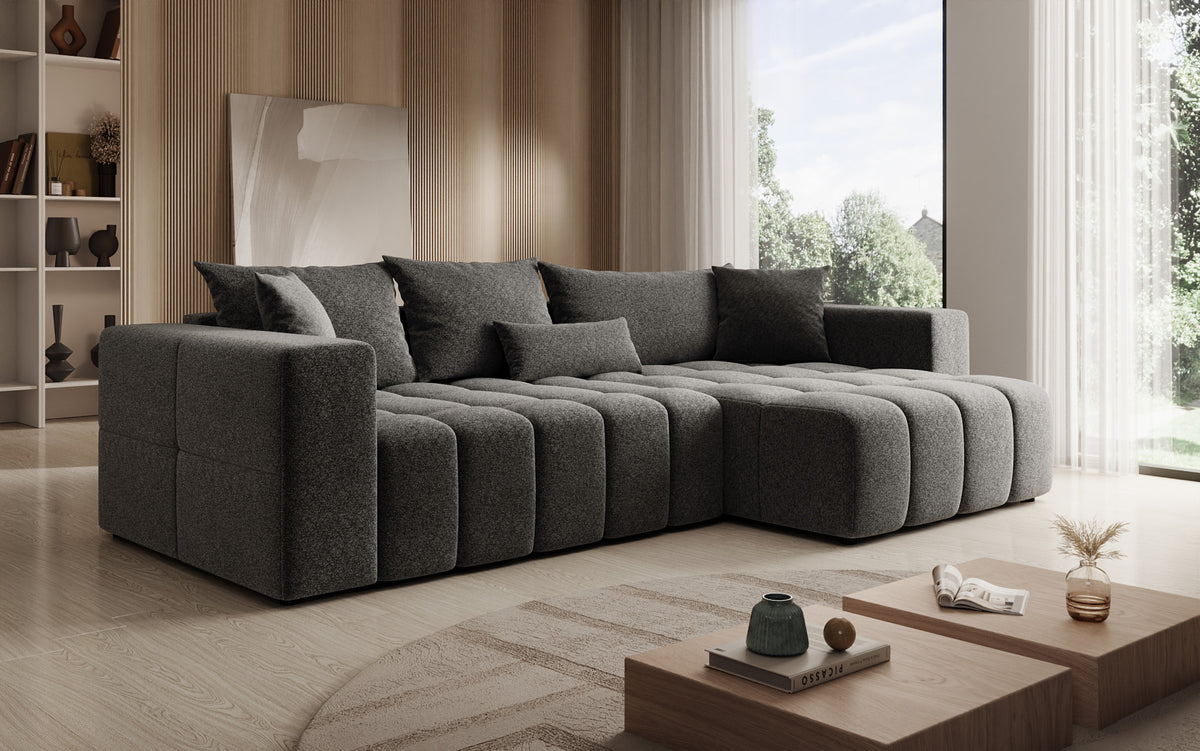 Designer hoekbank Momo met slaap- en klapfunctie in structuurstof