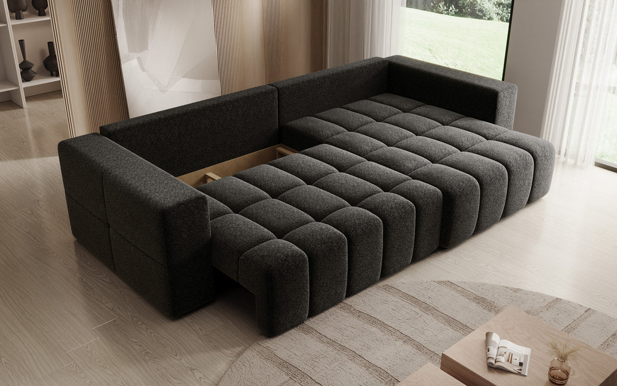 Designer hoekbank Momo met slaap- en klapfunctie in structuurstof