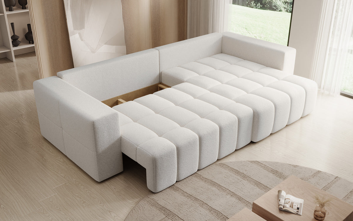 Designer hoekbank Momo met slaap- en klapfunctie in structuurstof