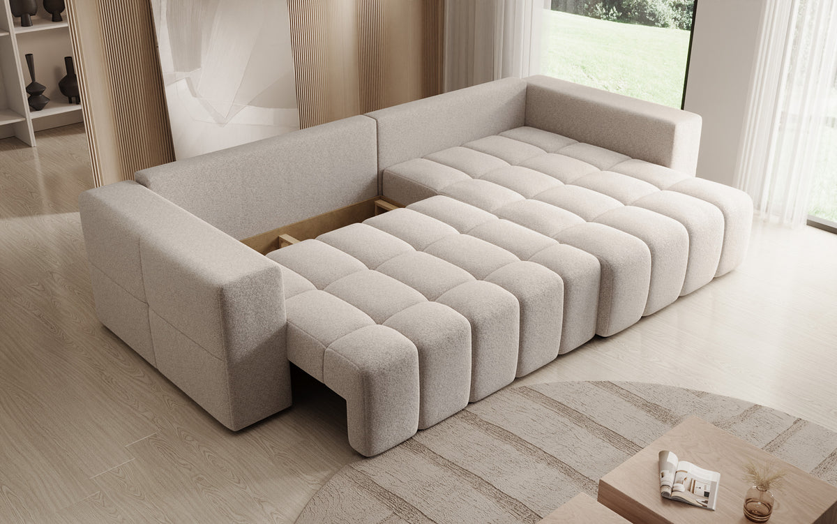 Designer hoekbank Momo met slaap- en klapfunctie in structuurstof