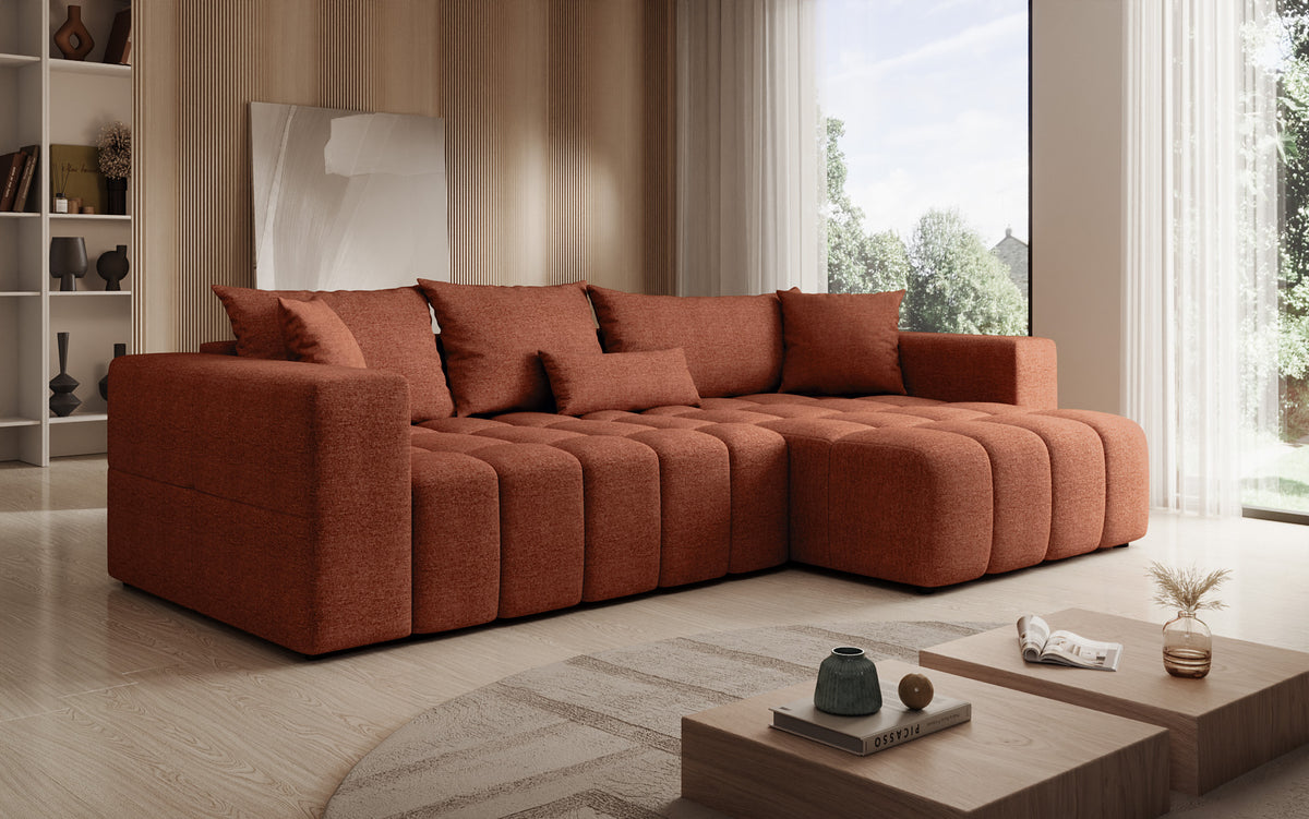Designer hoekbank Momo met slaap- en klapfunctie in structuurstof