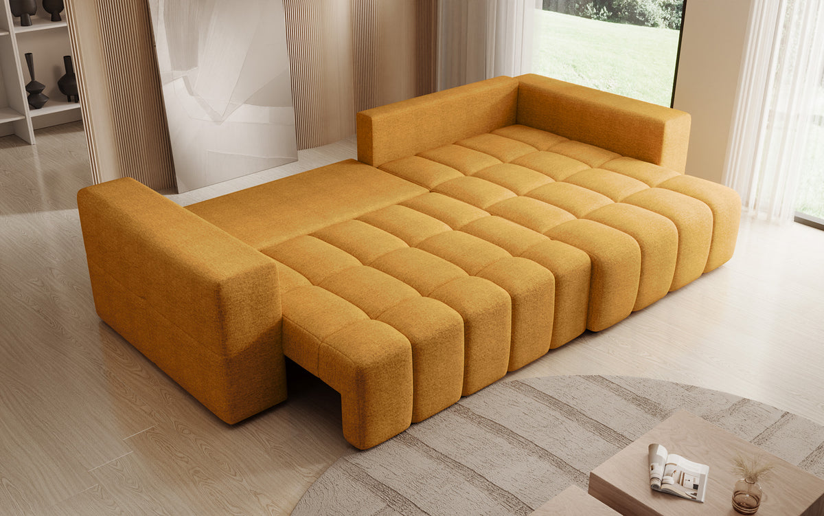 Designer hoekbank Momo met slaap- en klapfunctie in structuurstof