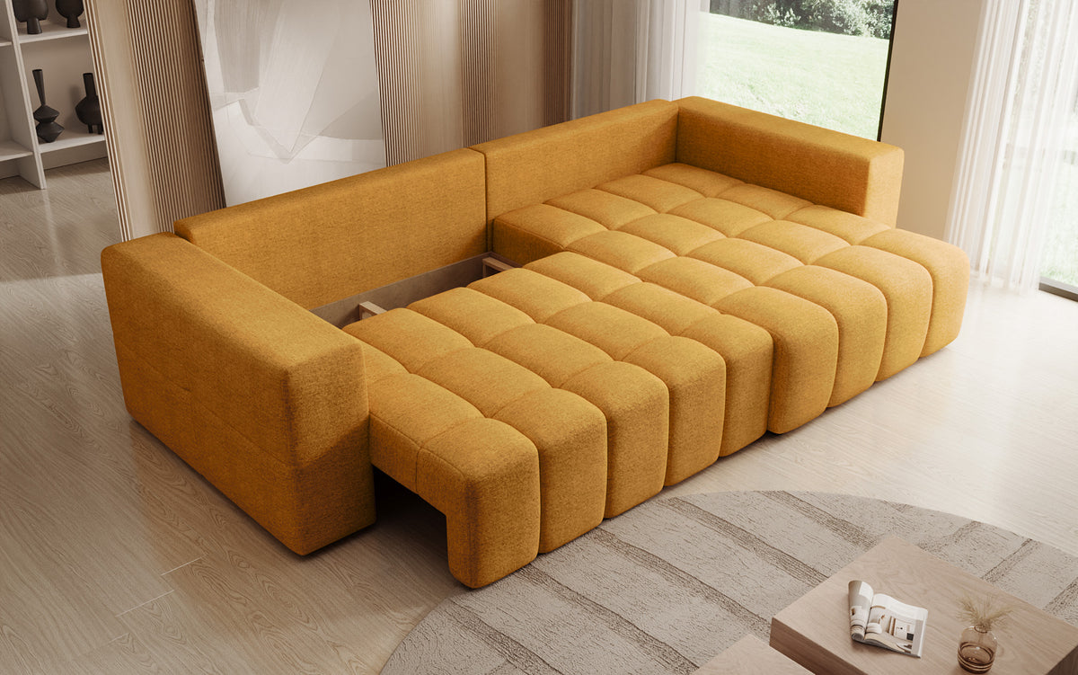 Designer hoekbank Momo met slaap- en klapfunctie in structuurstof