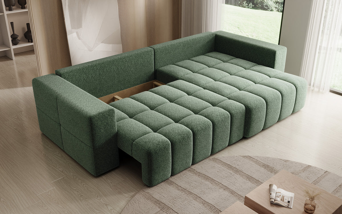 Designer hoekbank Momo met slaap- en klapfunctie in structuurstof