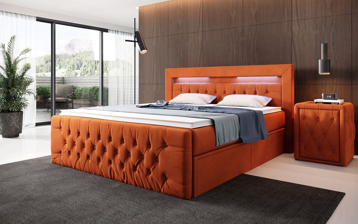 Boxspringbett Menzogna Samt mit LED und Stauraum (2 Schubladen)