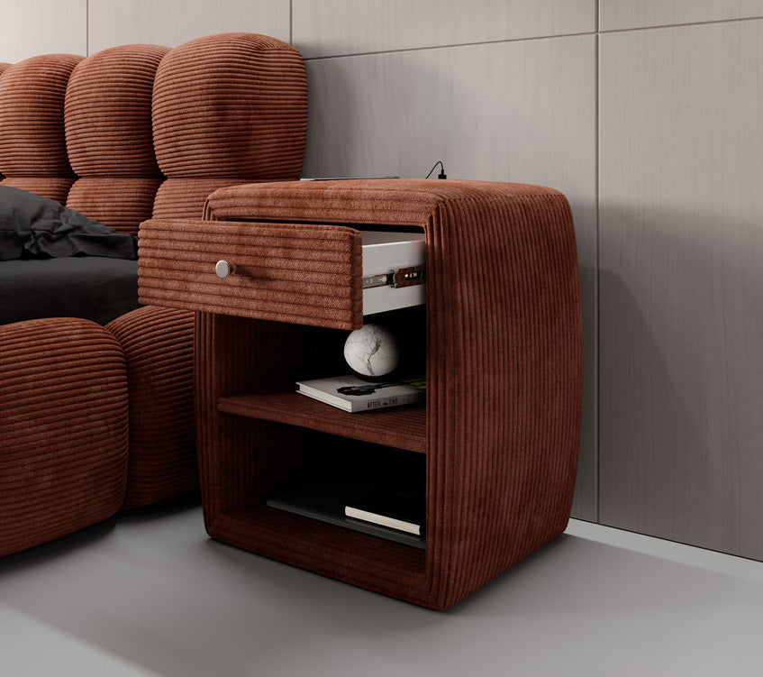 Designer nachtkastje Lilly met USB-aansluiting in Ribstof