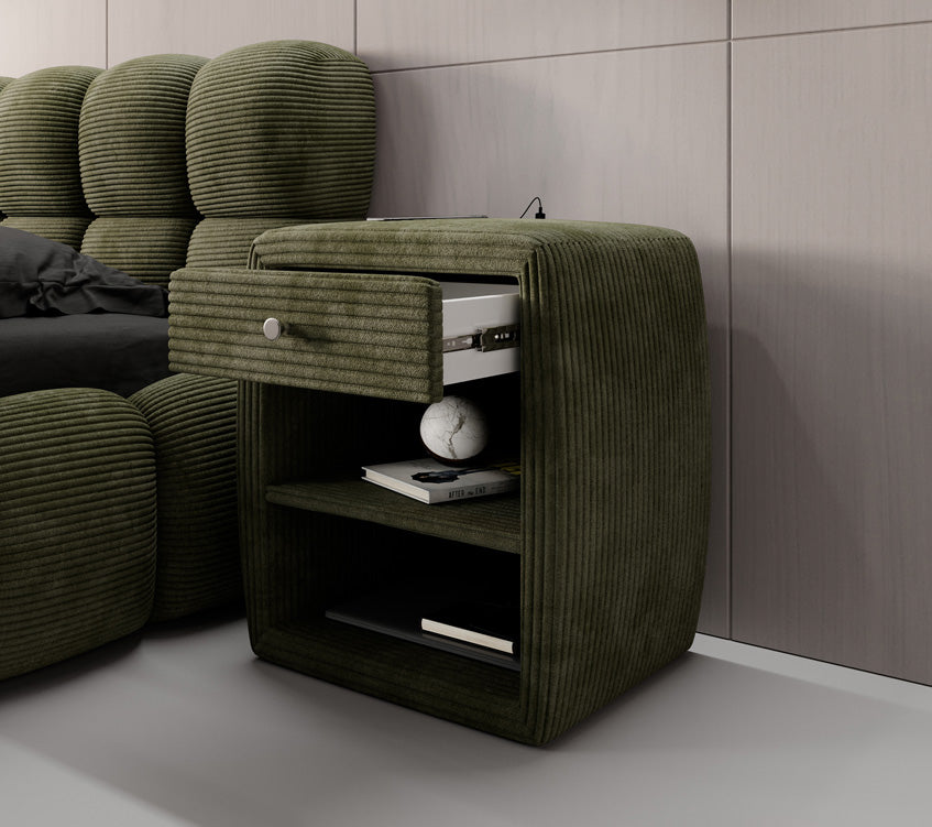 Designer nachtkastje Lilly met USB-aansluiting in Ribstof
