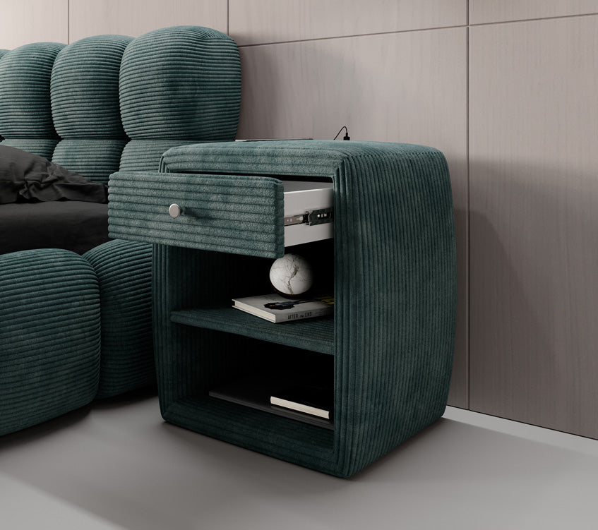 Designer nachtkastje Lilly met USB-aansluiting in Ribstof