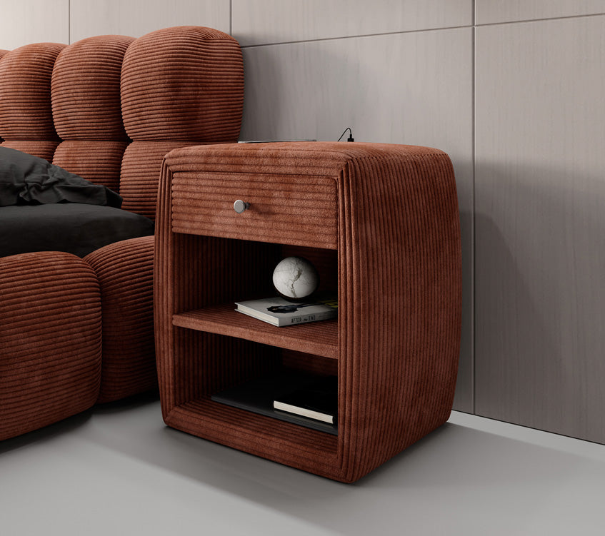 Designer nachtkastje Lilly met USB-aansluiting in Ribstof