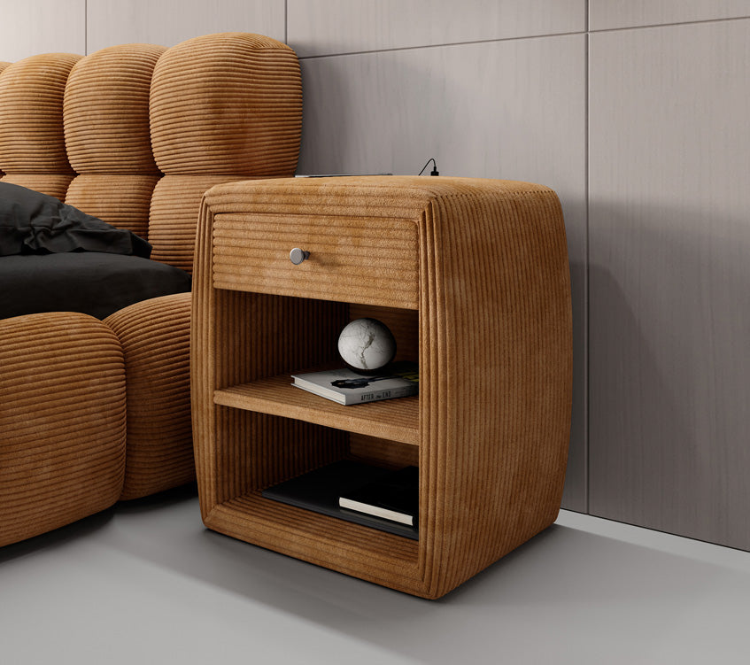 Designer nachtkastje Lilly met USB-aansluiting in Ribstof