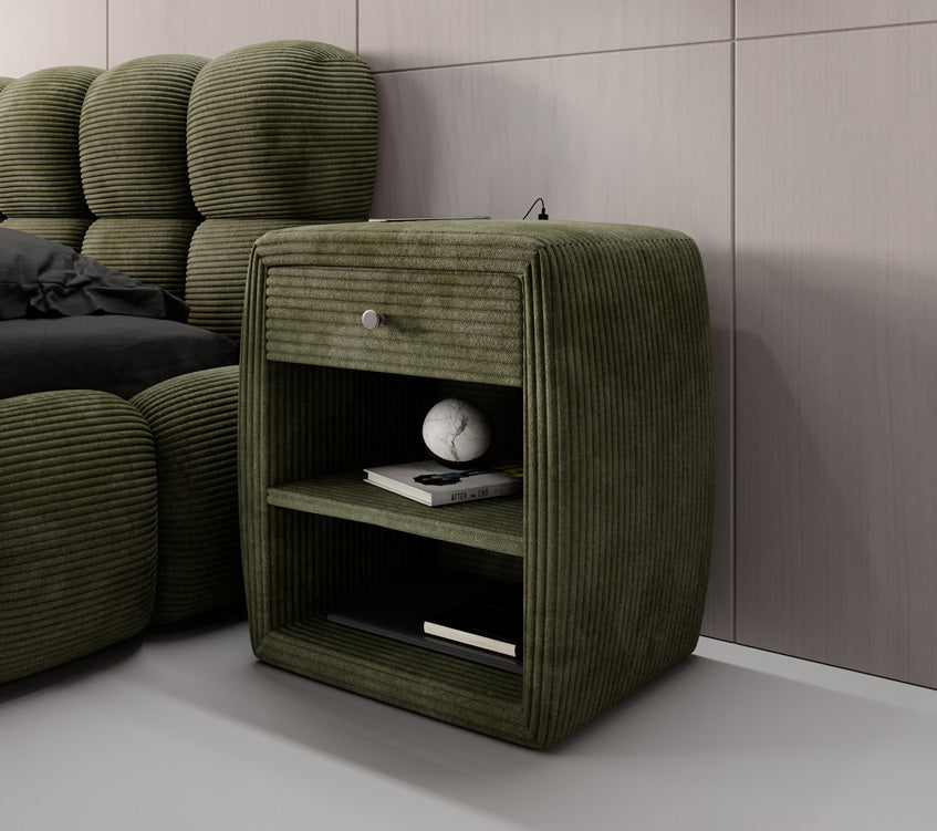 Designer nachtkastje Lilly met USB-aansluiting in Ribstof