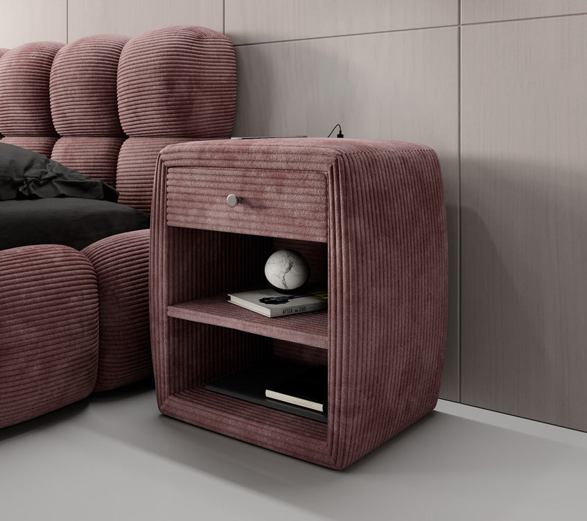 Designer nachtkastje Lilly met USB-aansluiting in Ribstof