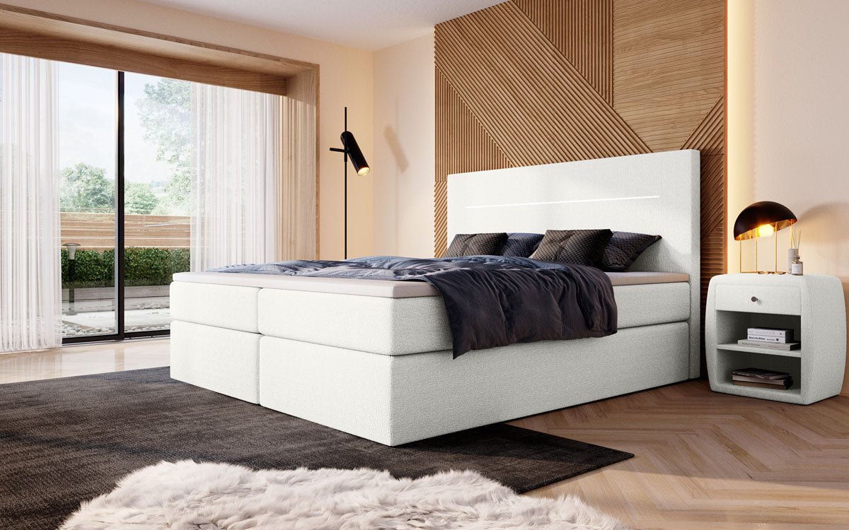 Lit boxspring Sejour Bouclé avec LED et espace de rangement