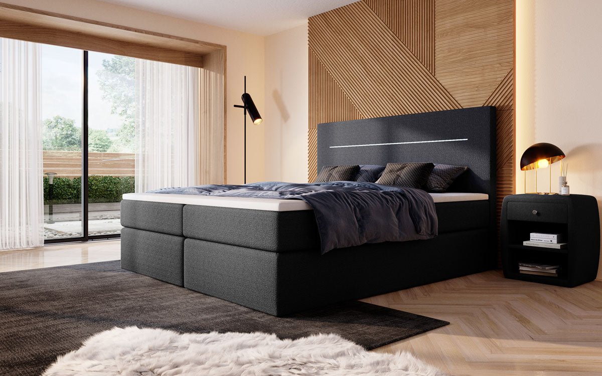 Lit boxspring Sejour Bouclé avec LED et espace de rangement