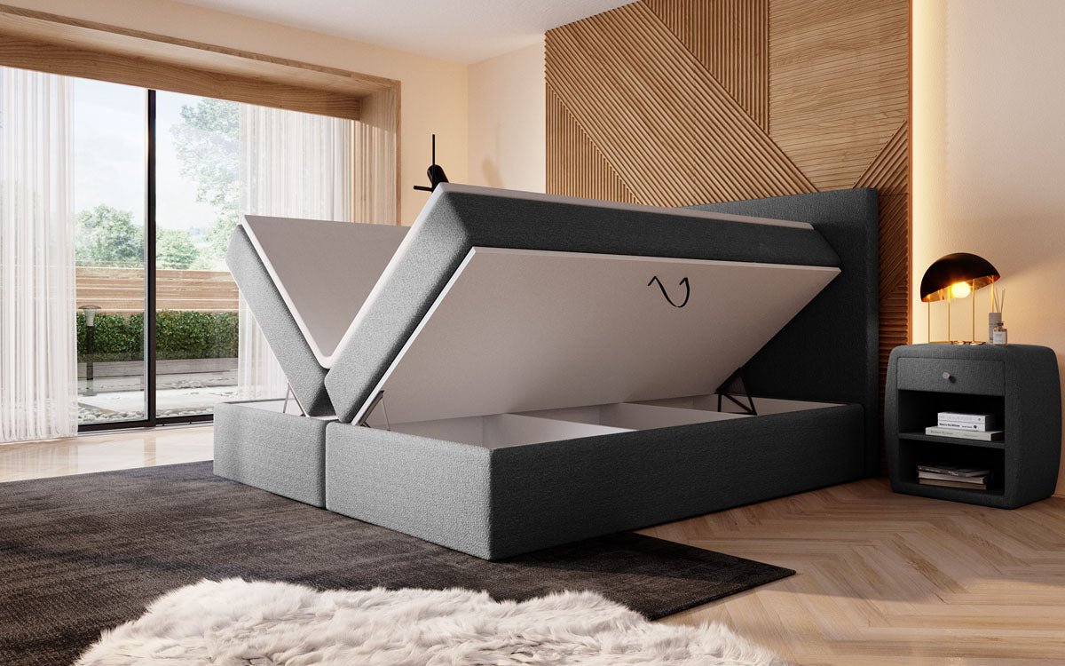 Lit boxspring Sejour Bouclé avec LED et espace de rangement