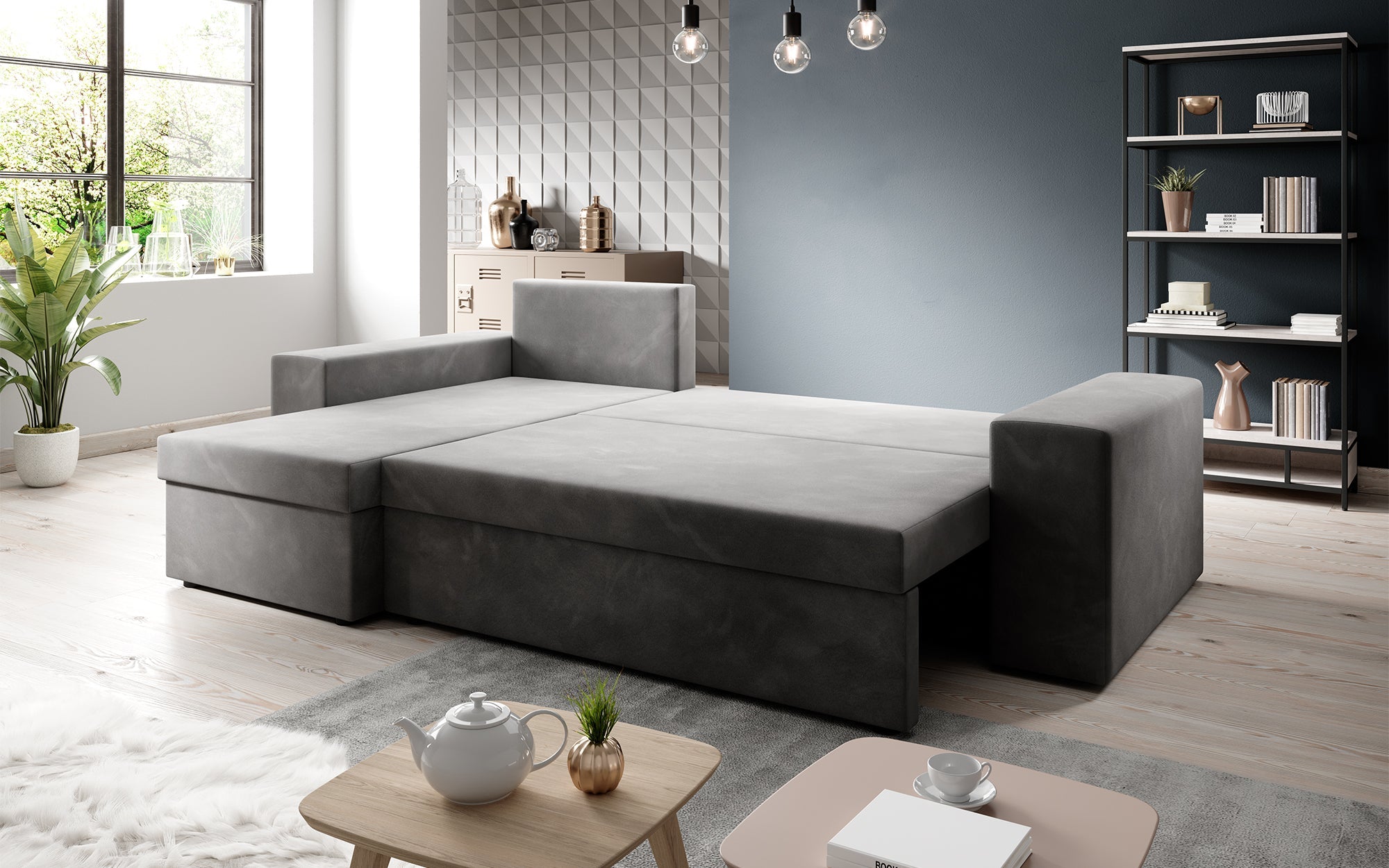 Canapé designer Denver Bouclé avec fonction couchage et rabattable