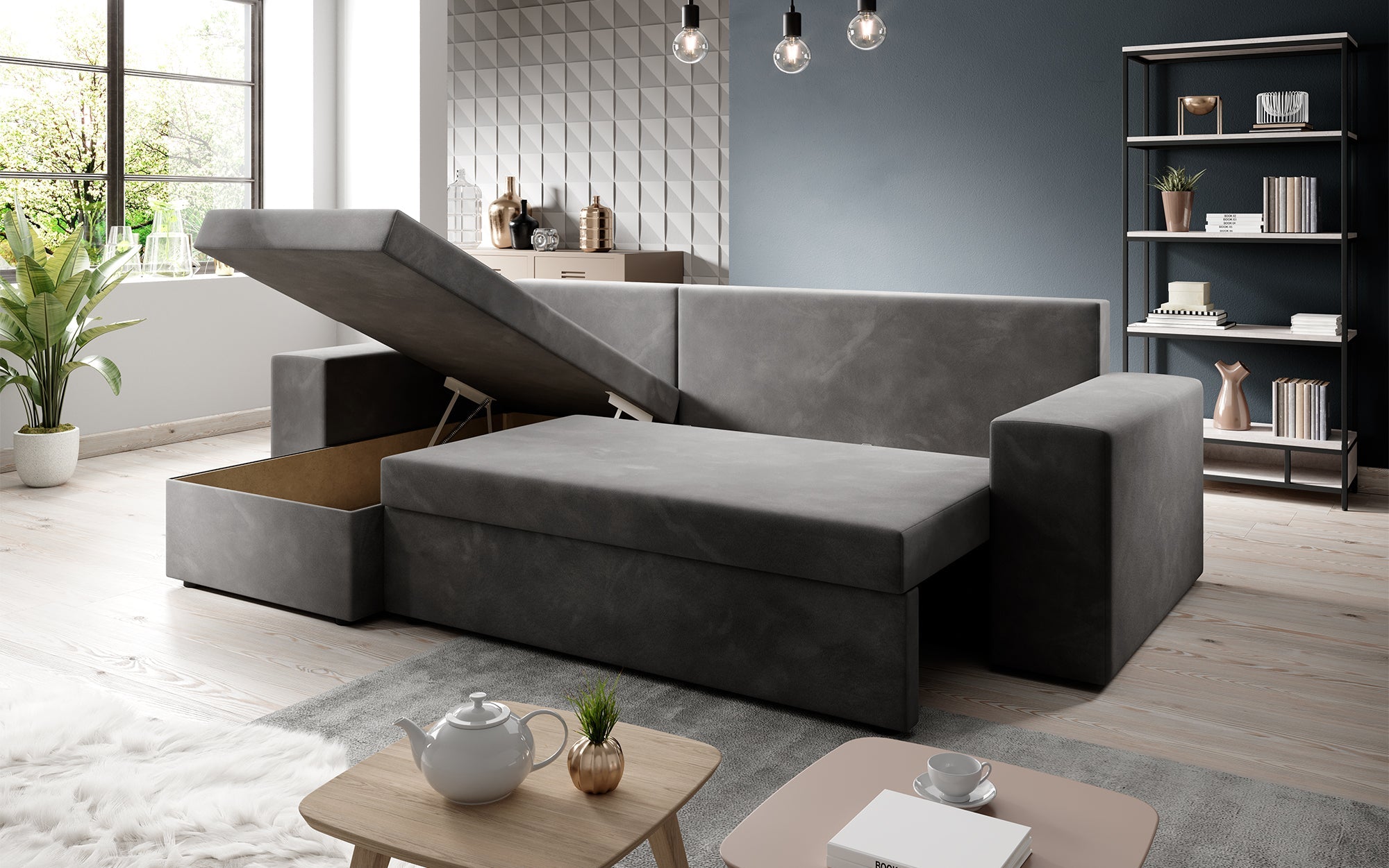 Canapé designer Denver Bouclé avec fonction couchage et rabattable