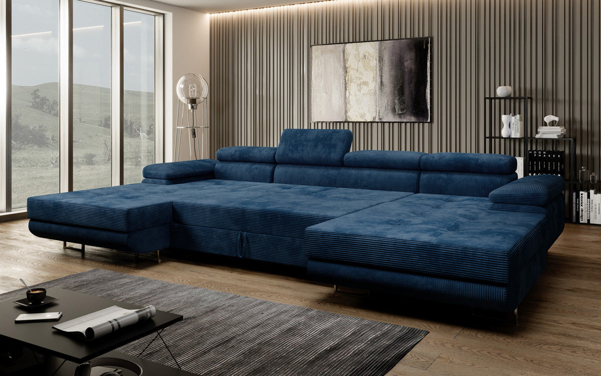 Canapé designer Calvera U avec fonction couchage et rabattable en Côtelé
