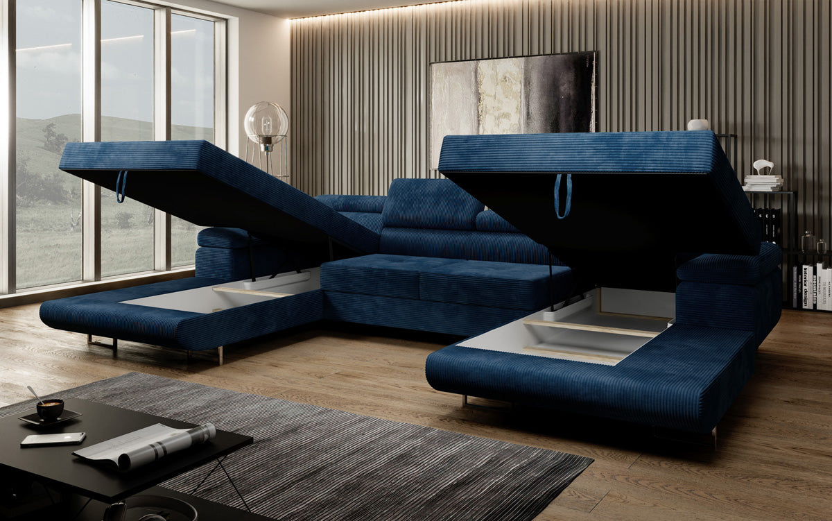 Canapé designer Calvera U avec fonction couchage et rabattable en Côtelé