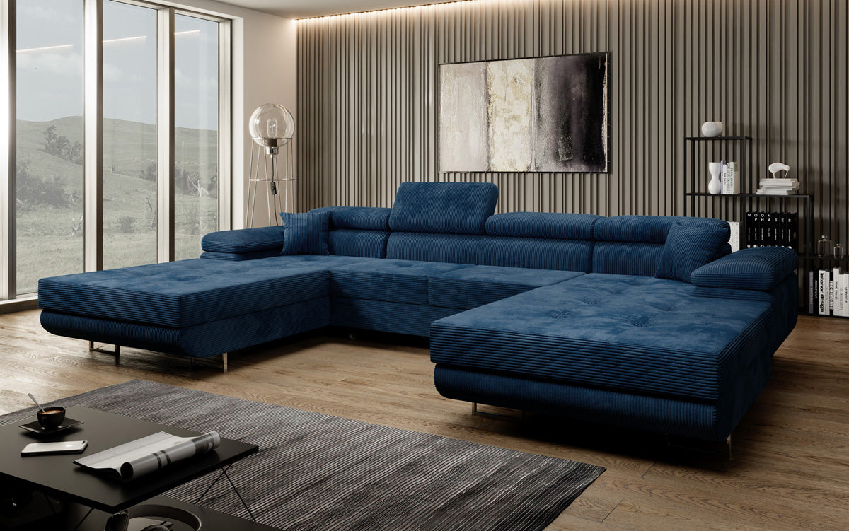 Canapé designer Calvera U avec fonction couchage et rabattable en Côtelé